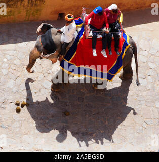 Elefanten arbeiten unter Touristen zum Fort Amber Palace Complex, Jaipur, Rajasthan, Indien. Stockfoto