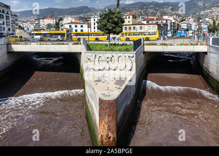 2 Wasser Sport Tv mit gelben Stadtbusse im Hintergrund, Praca da Autonomia, Funchal, Madeira, Portugal Stockfoto