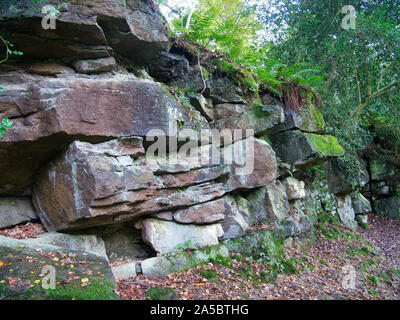 Gebrochener Sandstein neben dem River Wharfe, in der Nähe der Strid Holz in den Yorkshire Dales, UK-Sandstein der Pendleian Alter im Millstone Grit Gruppe. Stockfoto