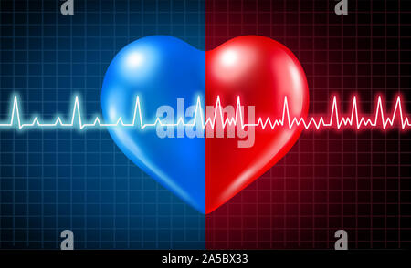 Vorhofflimmern medizinischen Zustand und normal oder anormale Herzfrequenz Rhythmus als kardiale Erkrankung mit gesunden und ungesunden EKG-Überwachung. Stockfoto