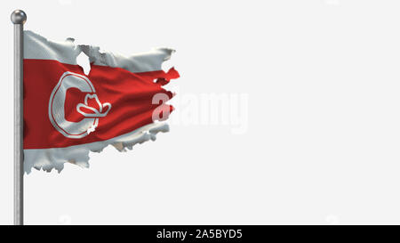 Calgary, Alberta 3D tattered wehende Flagge Abbildung auf der Fahnenstange. Auf weißem Hintergrund mit Platz auf der rechten Seite isoliert. Stockfoto