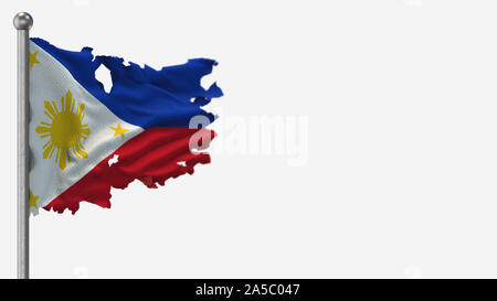 Philippinen 3 D tattered wehende Flagge Abbildung auf der Fahnenstange. Auf weißem Hintergrund mit Platz auf der rechten Seite isoliert. Stockfoto