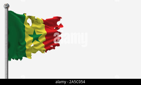 Senegal 3 D tattered wehende Flagge Abbildung auf der Fahnenstange. Auf weißem Hintergrund mit Platz auf der rechten Seite isoliert. Stockfoto