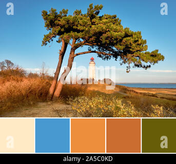 Farbanpassung natürliche Herbst Farbpalette von Weiß Leuchtturm Dornbusch auf der Insel Hiddensee an der Ostsee in Deutschland an einem strahlenden Herbstnachmittag Stockfoto