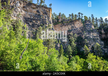 Hohen Kalkfelsen Linie der Route der Spearfish Canyon Scenic Byway in den Black Hills National Forest. Stockfoto