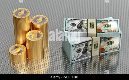 Stapel von astraleums Münzen und 100 Dollar Banknoten - 3D-Rendering Stockfoto