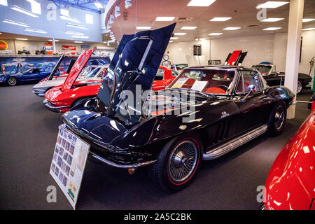 Punta Gorda, Florida, USA - Oktober 13, 2019: Schwarz 1966 Chevrolet Corvette Sting Ray in das Muscle Car City Museum angezeigt. Redaktionelle Verwendung Stockfoto