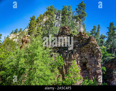 Hohen Kalkfelsen Linie der Route der Spearfish Canyon Scenic Byway in den Black Hills National Forest. Stockfoto