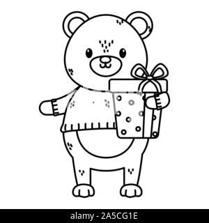 Eisbär mit verpackte Geschenk Feier frohe Weihnachten Vektor-illustration dicke Linie Stock Vektor