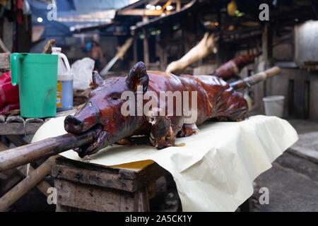 Spanferkel für die Lieferung an einen Straßenhändler in Talisay City, Cebu vorbereitet Spucken. Als "Lechon Baboy" in den Philippinen bekannt, war einst gefeierten als "den besten Schweine je" von Starkoch, leider inzwischen verstorbenen, Anthony Bourdain. Als das Nationalgericht der Philippinen "Lechon baboy' ist einer der festen Favoriten mit Filipinos während des ganzen Jahres, besonders aber bei besonderen Veranstaltungen wie Geburtstage, Feste und Weihnachten, wo buchstäblich Hunderte von Tausenden von Schweinen geröstet werden. Der Provinz Cebu ist als das beste Lechon in den Philippinen. Händler der Gattungen haben ihre eigenen Clos Stockfoto