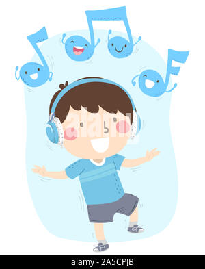 Abbildung: ein Kind Junge mit Kopfhörer Hören, Tanzen mit Musik Noten Maskottchen Stockfoto