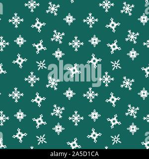 Winter nahtlose Muster mit weißen Schneeflocken random auf dunkelgrünem Hintergrund orientiert. Vector Illustration. Stock Vektor