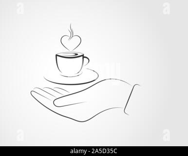 Hand präsentiert eine Tasse Kaffee mit Dampf in Form eines Herzens, schwarze und weiße Zeichnung Stock Vektor