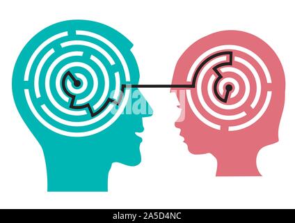 Kinderpsychologen und Kind Konzept. Stilisierte Darstellung von Mann und Kind Kopf mit einem Labyrinth als Symbol für die Lösung von psychischen Problemen. Stock Vektor