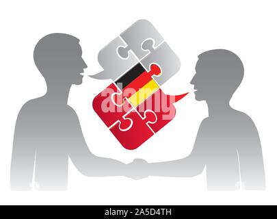 Zwei Geschäftsleute sprechen Deutsch. Abbildung: zwei Geschäftsleute die Hände schütteln auf business meeting und puzzle Sprechblase mit deutscher Flagge. Stock Vektor