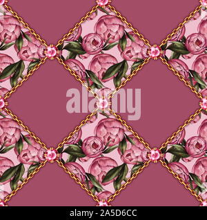 Nahtlose dekorative Muster mit Pfingstrosen und Ketten Stockfoto
