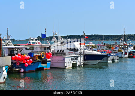 Ein Sortiment von Vergnügen Entwurf & Angeln Boote in die Sicherheit der Poole Quay Yacht Haven im Hafen. Stockfoto