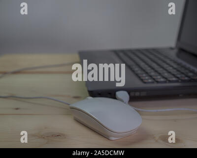 Computer und Maus, auf einem Holzboden. Stockfoto