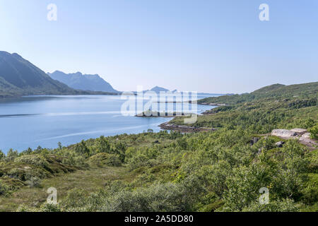 Artic fjord Landschaft des westlichen grüne Seite von Austnesfjord, unter hellen Sommer Licht in der Nähe von Vestpollen, Austvagoya, Lofoten, Norwegen Schuß Stockfoto