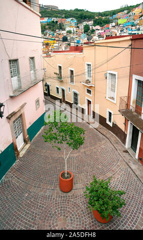 Weitwinkelobjektiv mit Blick auf die Straße von Jardín Reforma (hinter dem Plaza de San Roque) in Guanajuato, Mexiko. Jun 2019 Stockfoto