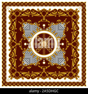 Schal Design für Seide drucken. Square Mode drucken. Vintage Style Muster bereit für Textil. Golden Barock auf rotem Hintergrund. Stockfoto