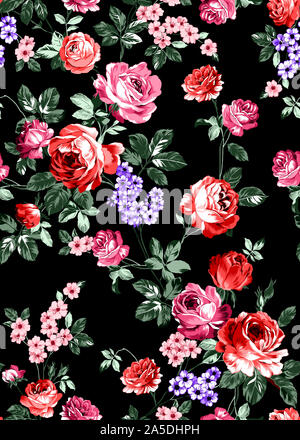 Nahtlose florales Muster mit leuchtend bunten Blumen mit Blättern auf schwarzem Hintergrund. Die elegante Vorlage für Mode wird gedruckt. Modernes floral backgro Stockfoto