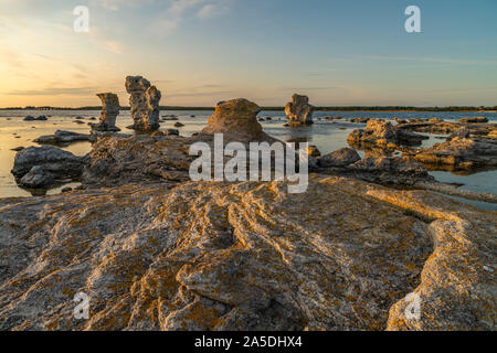 Rauk Formationen auf Fårö bei Sonnenuntergang mit schönen Abend licht, Muster, die in den Stein, Fårö, Gotland, Schweden Stockfoto
