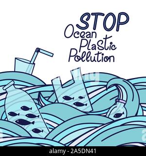 Speichern Sie die ocean Hand gezeichnet Schriftzug. Plastik Müll, Beutel, Flasche, Kunststoff cutleryin conteners, strohhalme und den Ozean. Vector Illustration in doodle Stil. Ozean Konzept Schützen Stock Vektor