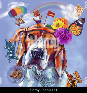Digitale Malerei von Beagle hund Kopf mit lustigen Charakter und Phantasie. Stockfoto