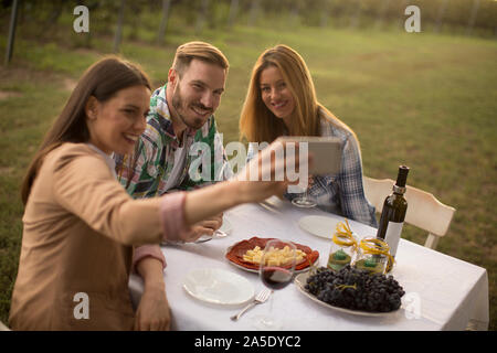 Gruppe der jungen Leute, die durch die Tabelle, trinken Rotwein und unter selfie mit Handy im Weinberg Stockfoto