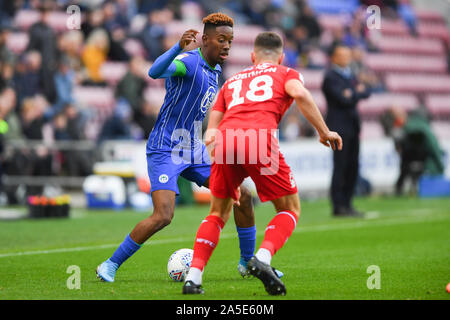 Wigan, Großbritannien. Okt, 2019 20. Jamal Lowe (9) von Wigan Athletic während der Sky Bet Championship Match zwischen Wigan Athletic und Nottingham Forest bei der DW Stadium, Wigan am Sonntag, den 20. Oktober 2019. (Credit: Jon Hobley | MI Nachrichten) das Fotografieren dürfen nur für Zeitung und/oder Zeitschrift redaktionelle Zwecke verwendet werden, eine Lizenz für die gewerbliche Nutzung Kreditkarte erforderlich: MI Nachrichten & Sport/Alamy leben Nachrichten Stockfoto