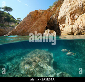 Felsige Küste mit Natural Arch, geteilte Ansicht über und unter Wasser, Mittelmeer, Spanien, Costa Brava, Katalonien, Palamos, Cala Foradada Stockfoto