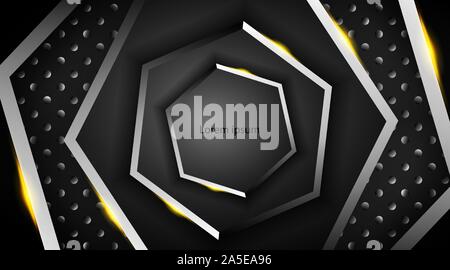 Der Sechskant vector Hintergrund Überschneidungen mit einem schwarzen und weißen gradient Farbe und goldenen Glanz Stock Vektor