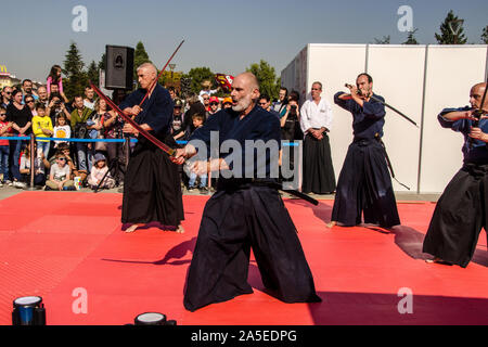 Japanische Kampfkunst und Traditionen. 19 Oktober, 2019, Sofia, Bulgarien, National Palace of Culture Park. Stockfoto