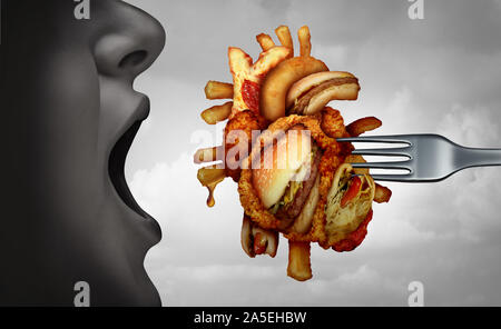 Diät und Herzinfarkt gefährliche koronare Fitness und ungesundes Essen Konzept mit menschlichen kardiovaskulären Anatomie Orgel von Fried fast food gemacht. Stockfoto