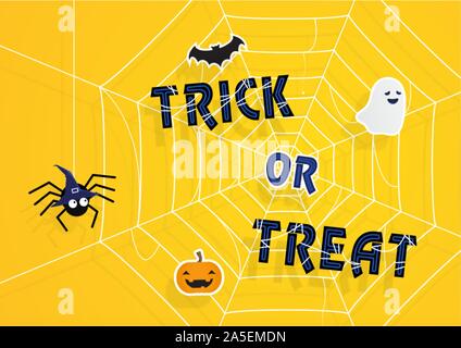 Halloween Hintergrund mit Trick oder Festlichkeit Text, hängende schwarze Spinnen, Spinnennetze, Kürbis, Fledermäuse, Fliegende Gespenst Geist. Vector Illustration flache Bauform. Stock Vektor