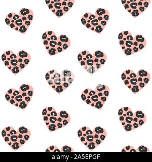 Süße schöne nahtlose Vektor Muster Hintergrund Abbildung mit Herzen mit Tierdruck mit Leopard dots Stock Vektor