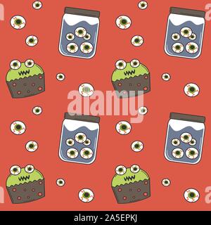 Halloween cute nahtlose Vektor Muster Hintergrund illustratiom mit Monster Cupcakes und gruselig Glas mit Augen Stock Vektor