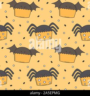 Cute cartoon Halloween nahtlose Vektor Muster Hintergrund Abbildung mit Spinne und Fledermaus Cupcakes Stock Vektor