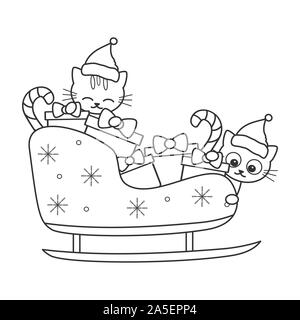 Cute cartoon Katzen in der Schlitten schwarz und weiß Vektor Feiertage Weihnachten Abbildung für die Einfärbung von Kunst Stock Vektor