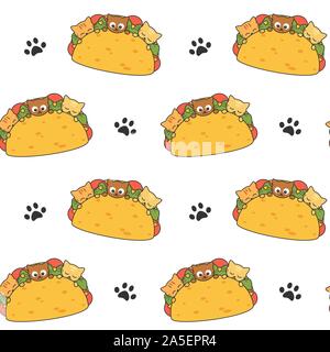 Cute cartoon Tacos mit Gemüse und Katzen lustig nahtlose Vektor Muster hintergrund abbildung Stock Vektor