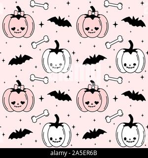 Cute schwarz, weiß und rosa Halloween nahtlose Vektor Muster Hintergrund Abbildung mit Kürbissen, Fledermäusen, Knochen und Sterne Stock Vektor