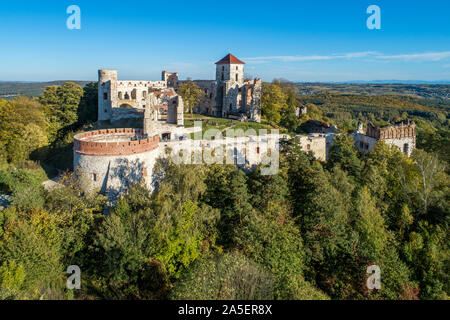 Die Ruinen der mittelalterlichen Burg Tenczyn in Rudno in der Nähe von Krakau in Polen. Luftaufnahme im Herbst Stockfoto