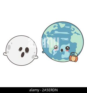 Cute cartoon Halloween lustige Vector Illustration mit dem Planeten Erde und Ghost moon Stock Vektor