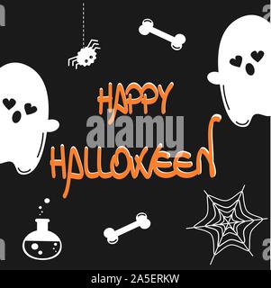 Happy Halloween vektor Schriftzug Karte mit Ghost, Knochen, Spider für Banner, Poster, Grußkarten, Party Einladung Stock Vektor