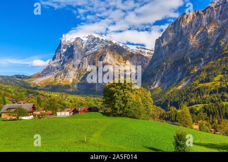 Grindelwald, Schweiz Antenne mit Blick auf das Dorf und Herbst Schweizer Alpen Panorama Landschaft, Holz- Chalets auf grünen Feldern und hohen Gipfeln in zurück Stockfoto