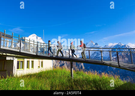 Grindelwald, Schweiz - Oktober 10, 2019: Menschen auf Sky Cliff Walk Metal Bridge auf den ersten Gipfel der Schweizer Alpen Berge, Schnee, Gipfel Panorama, Berner Stockfoto