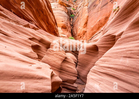 Orange Rot Wellenform Sandstein Formationen abstrakten Muster der Felsen Schatten auf engen Antelope Slot Canyon in Arizona auf dem Weg von Lake Powell. Stockfoto