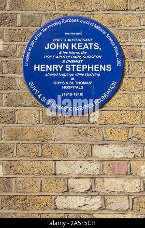 John Keats und Henry Stephens blaue Plakette Stockfoto