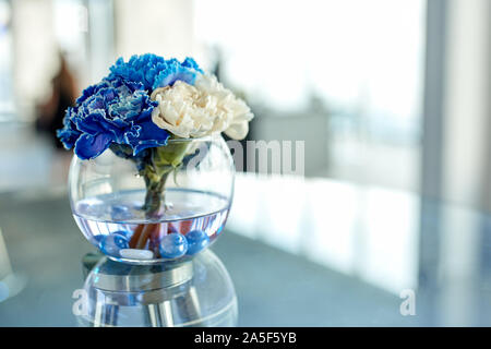 Blaue und weiße Orchideen in einer Vase auf dem Tisch, eine schöne Blumen im Büro Stockfoto